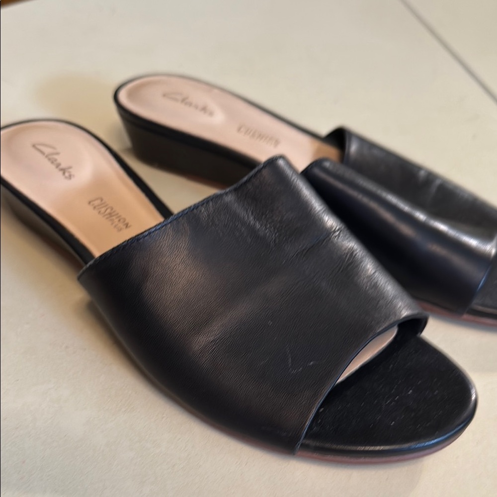 Clarks Black Leather Slide Mules